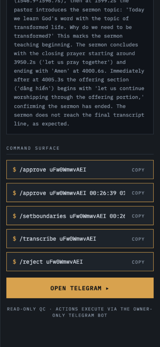 The command surface: tap a command to open the Telegram bot with it pre-filled.